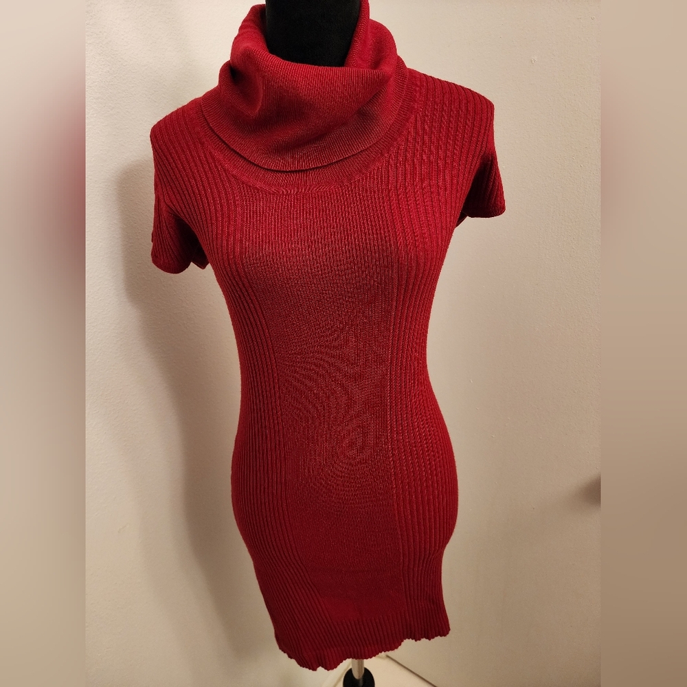 Dots Red Turtleneck Sweater Dress with Ribbed Knit